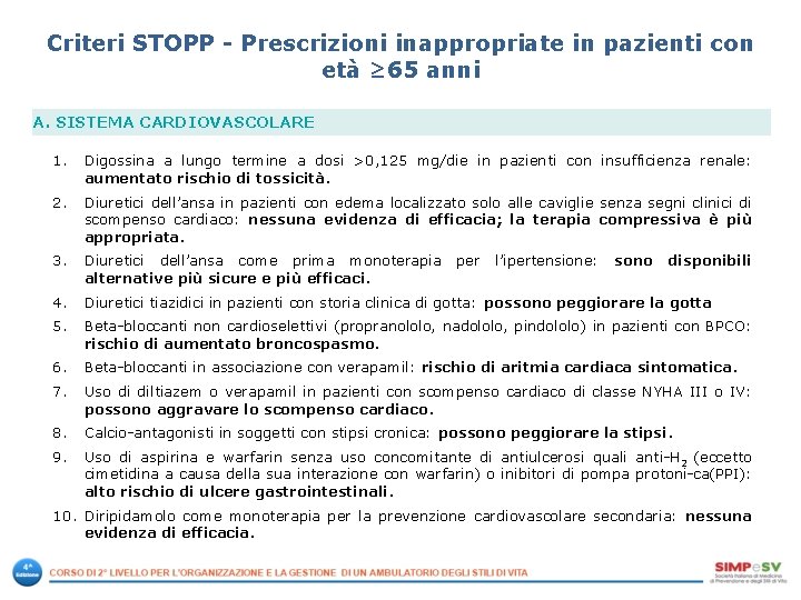 Criteri STOPP Prescrizioni inappropriate in pazienti con età ≥ 65 anni A. SISTEMA CARDIOVASCOLARE