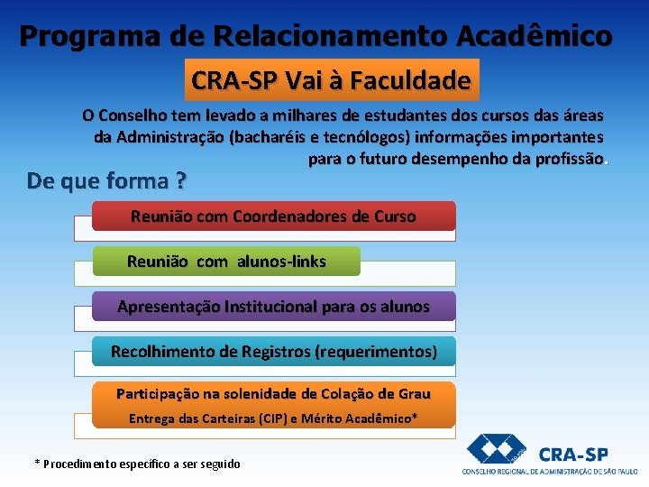 Programa de Relacionamento Acadêmico CRA-SP Vai à Faculdade O Conselho tem levado a milhares Programa de Relacionamento Acadêmico CRA-SP Vai à Faculdade O Conselho tem levado a milhares