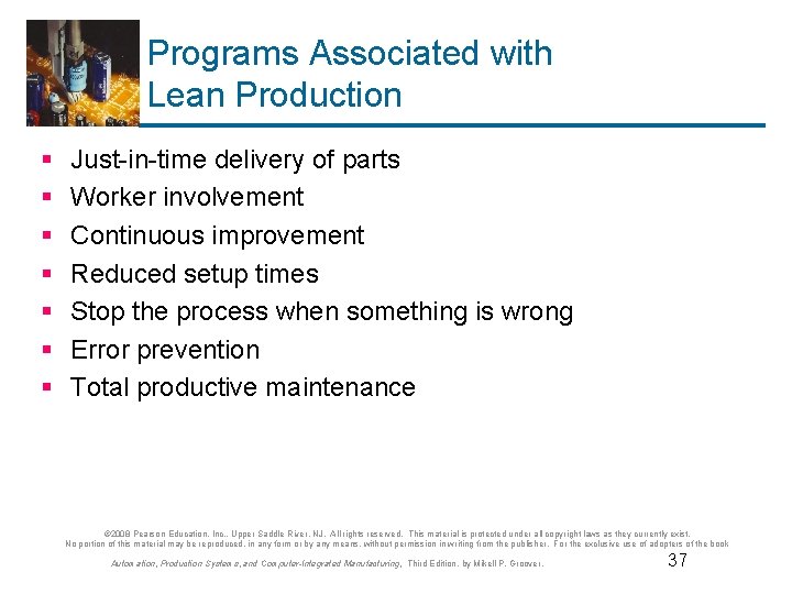 Programs Associated with Lean Production § § § § Just-in-time delivery of parts Worker