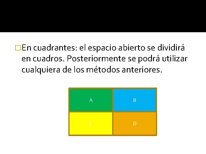 �En cuadrantes: el espacio abierto se dividirá en cuadros. Posteriormente se podrá utilizar cualquiera