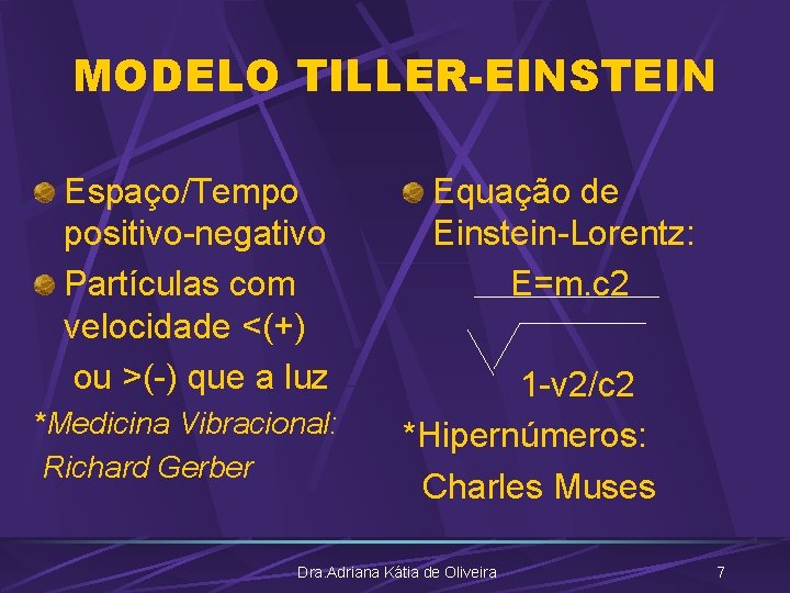MODELO TILLER-EINSTEIN Espaço/Tempo positivo-negativo Partículas com velocidade <(+) ou >(-) que a luz *Medicina