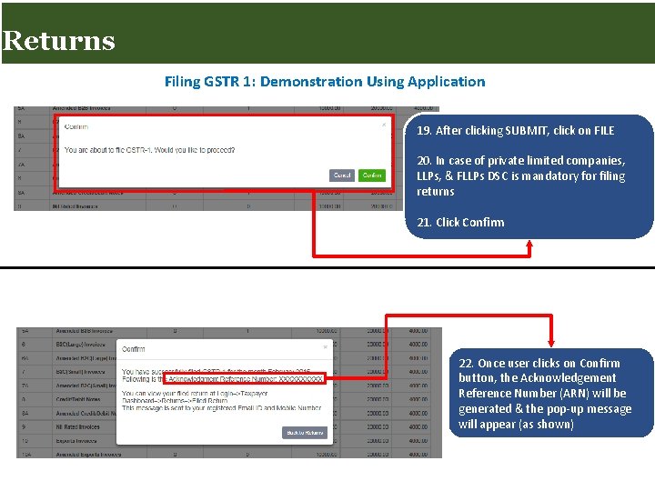 Returns for Taxpayers Returns Filing GSTR 1: Demonstration Using Application 19. After clicking SUBMIT,