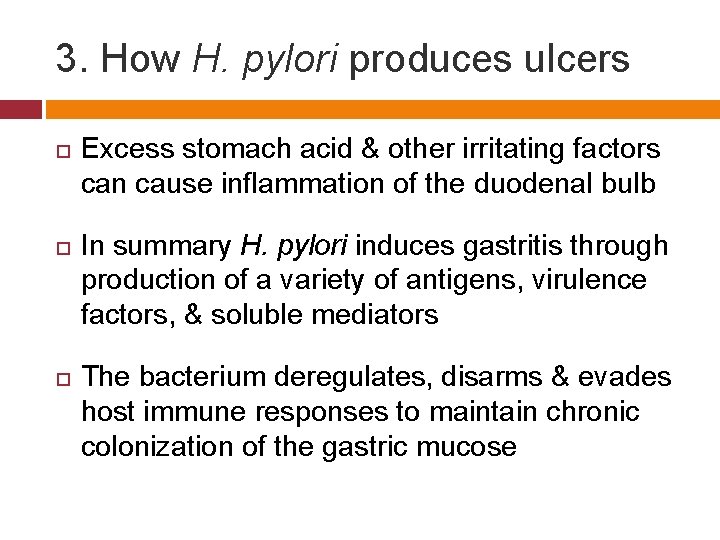 3. How H. pylori produces ulcers Excess stomach acid & other irritating factors can