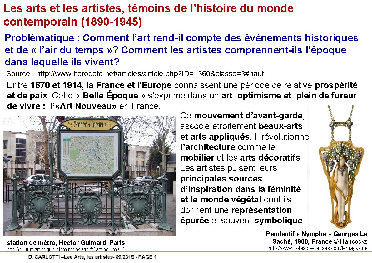 Les arts et les artistes, témoins de l’histoire du monde contemporain (1890 -1945) Problématique