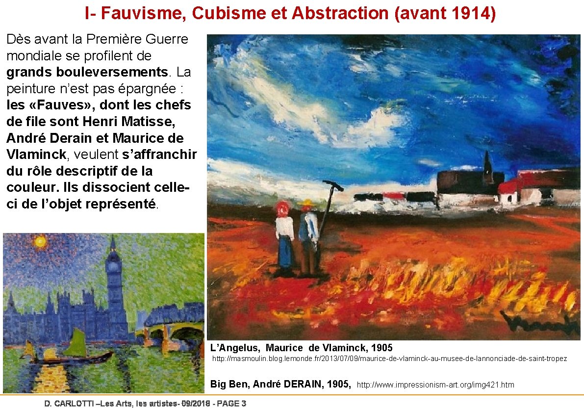 I- Fauvisme, Cubisme et Abstraction (avant 1914) Dès avant la Première Guerre mondiale se