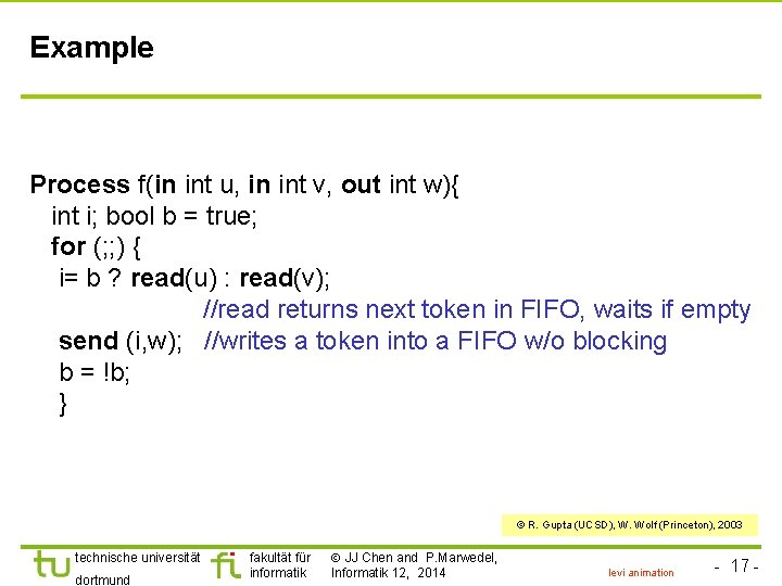 Example Process f(in int u, in int v, out int w){ int i; bool