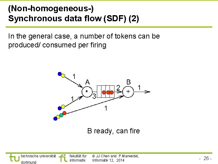 (Non-homogeneous-) Synchronous data flow (SDF) (2) In the general case, a number of tokens