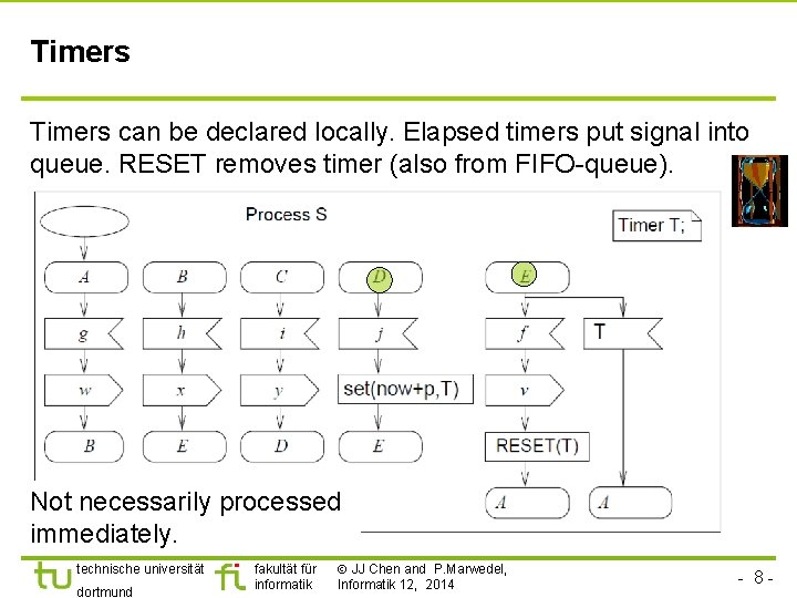 Timers can be declared locally. Elapsed timers put signal into queue. RESET removes timer
