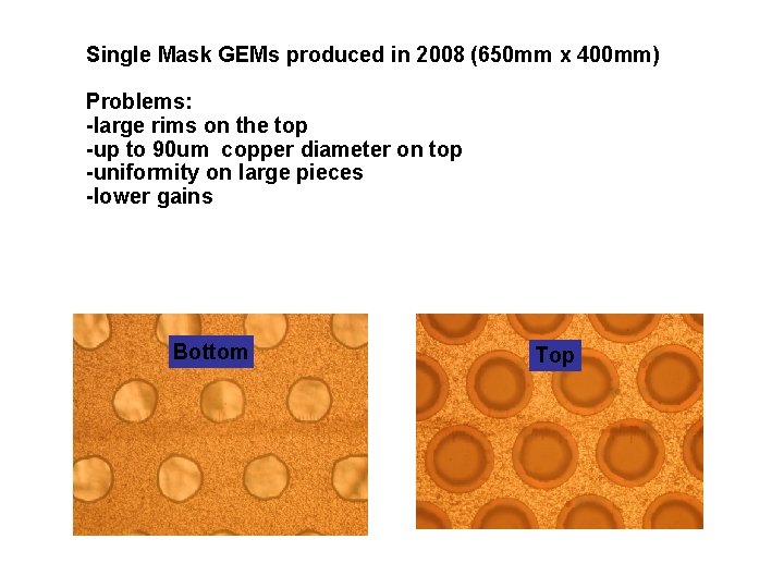 Single Mask GEMs produced in 2008 (650 mm x 400 mm) Problems: -large rims Single Mask GEMs produced in 2008 (650 mm x 400 mm) Problems: -large rims