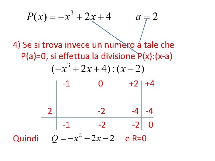 4) Se si trova invece un numero a tale che P(a)=0, si effettua la