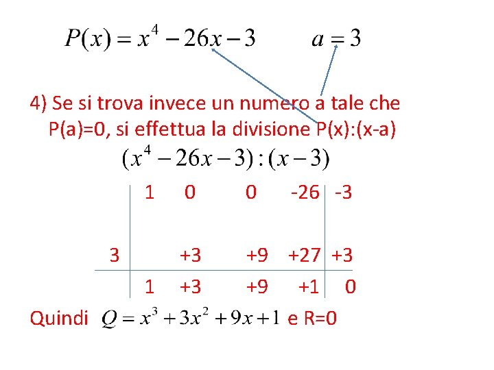 4) Se si trova invece un numero a tale che P(a)=0, si effettua la