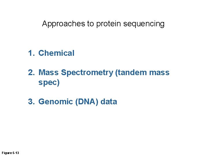 Approaches to protein sequencing 1. Chemical 2. Mass Spectrometry (tandem mass spec) 3. Genomic