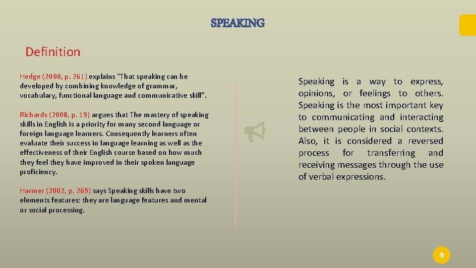 SPEAKING Definition Hedge (2000, p. 261) explains “That speaking can be developed by combining