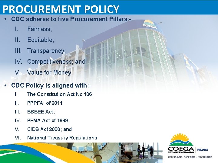 PROCUREMENT POLICY • CDC adheres to five Procurement Pillars: I. Fairness; II. Equitable; III.