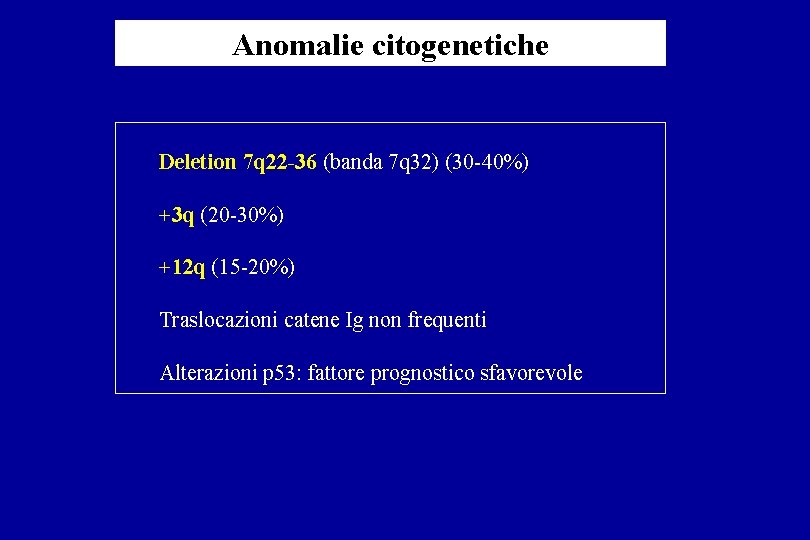 Anomalie citogenetiche Deletion 7 q 22 -36 (banda 7 q 32) (30 40%) +3