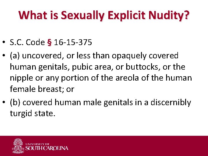 What is Sexually Explicit Nudity? • S. C. Code § 16 -15 -375 •