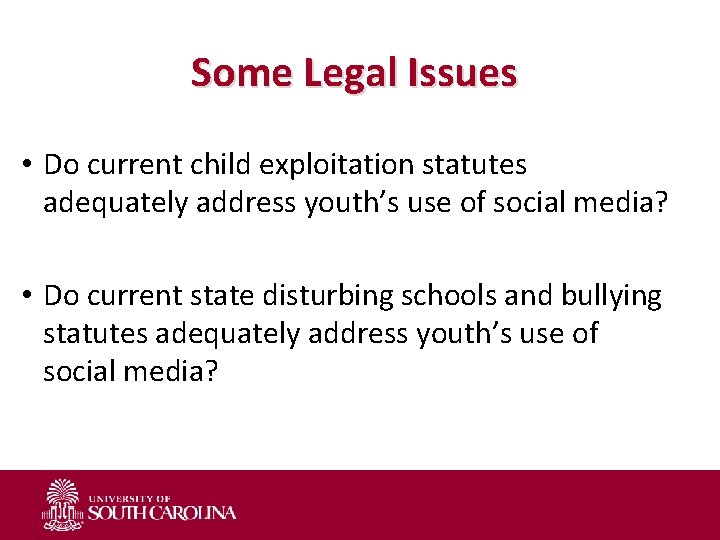 Some Legal Issues • Do current child exploitation statutes adequately address youth’s use of