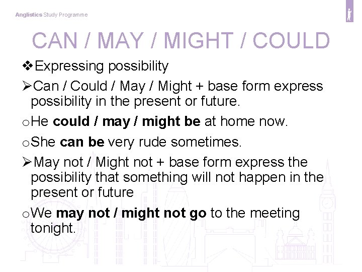 Anglistics Study Programme CAN / MAY / MIGHT / COULD v. Expressing possibility ØCan