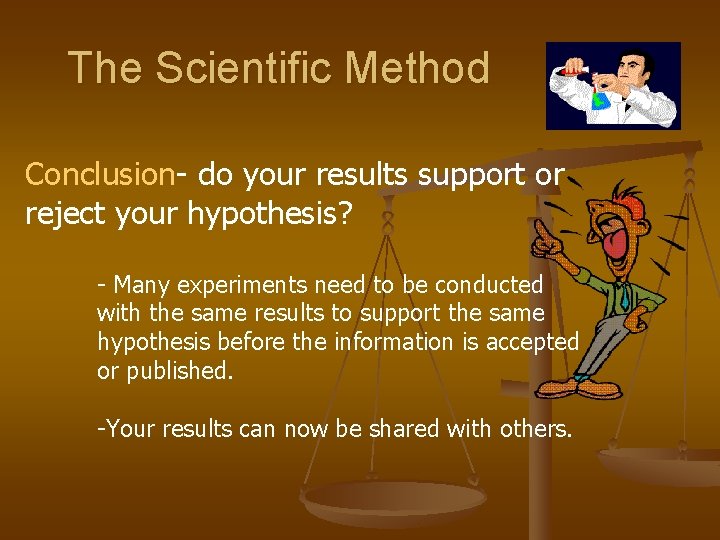 The Scientific Method Conclusion- do your results support or reject your hypothesis? - Many