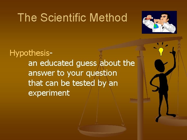 The Scientific Method Hypothesisan educated guess about the answer to your question that can