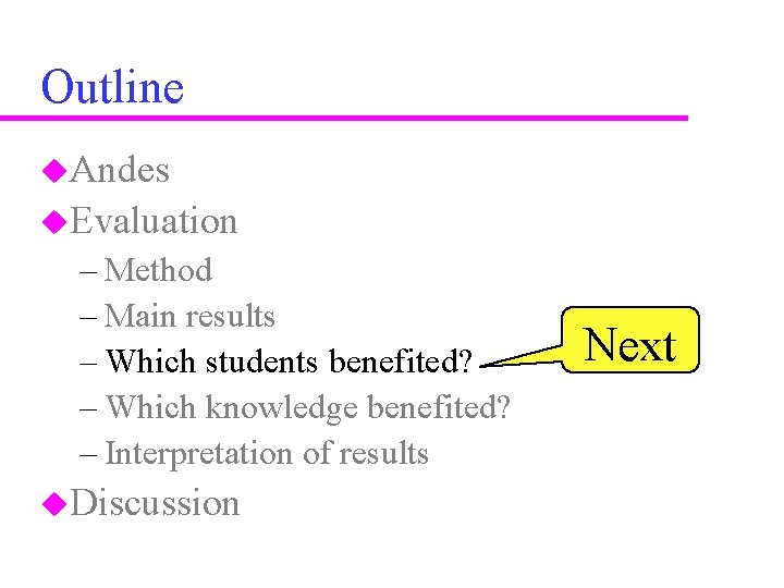 Outline u. Andes u. Evaluation – Method – Main results – Which students benefited?