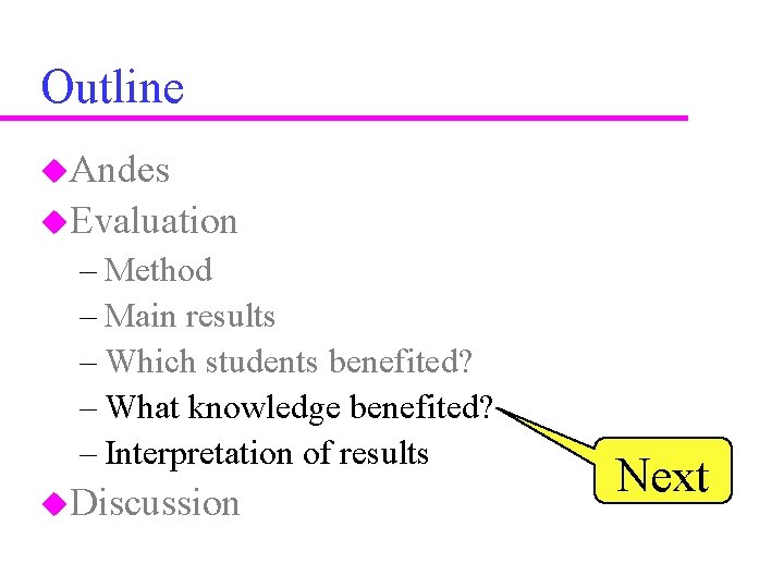 Outline u. Andes u. Evaluation – Method – Main results – Which students benefited?