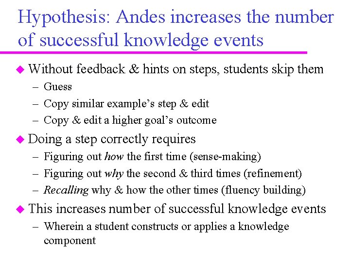 Hypothesis: Andes increases the number of successful knowledge events u Without feedback & hints