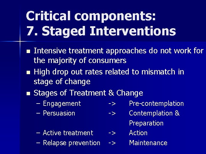 Critical components: 7. Staged Interventions n n n Intensive treatment approaches do not work