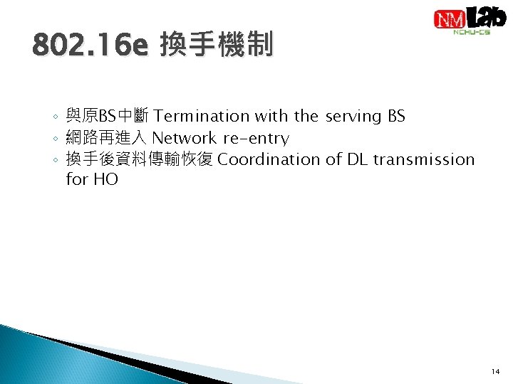 802. 16 e 換手機制 ◦ 與原BS中斷 Termination with the serving BS ◦ 網路再進入 Network
