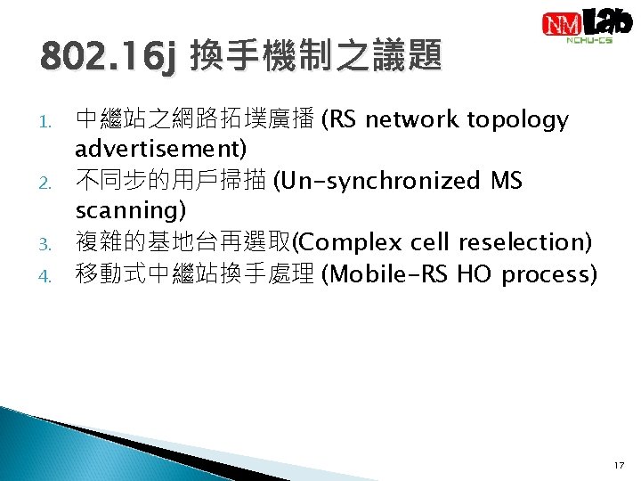 802. 16 j 換手機制之議題 1. 2. 3. 4. 中繼站之網路拓墣廣播 (RS network topology advertisement) 不同步的用戶掃描