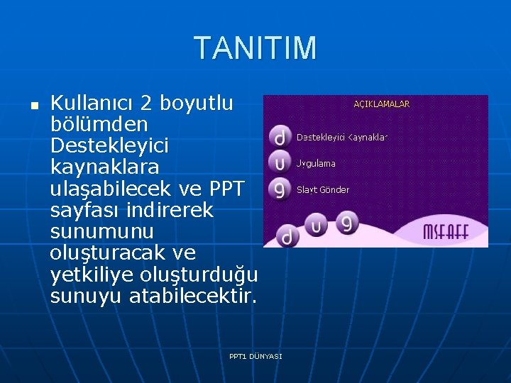 TANITIM n Kullanıcı 2 boyutlu bölümden Destekleyici kaynaklara ulaşabilecek ve PPT sayfası indirerek sunumunu