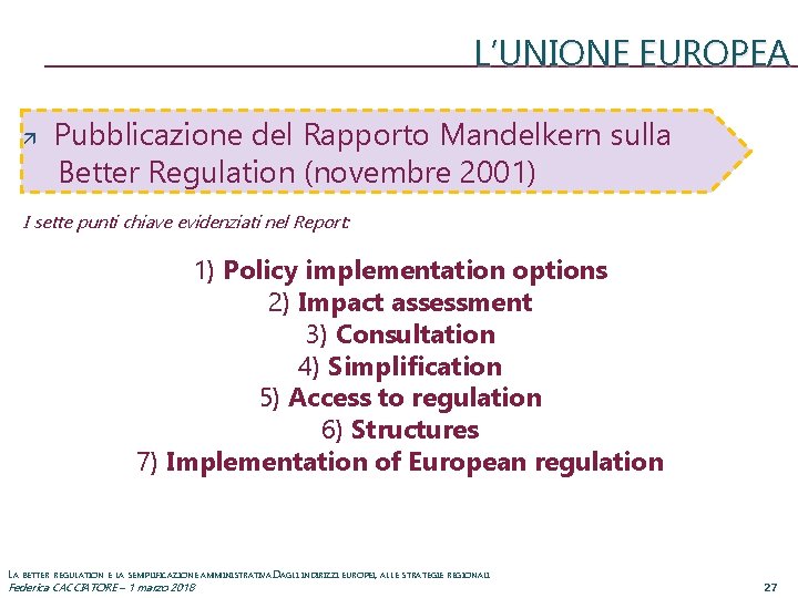 L’UNIONE EUROPEA Pubblicazione del Rapporto Mandelkern sulla Better Regulation (novembre 2001) I sette punti