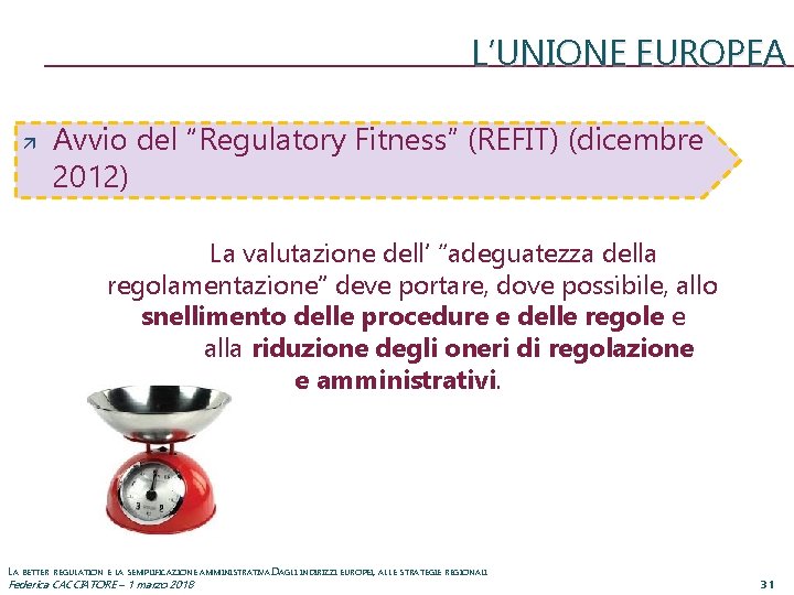 L’UNIONE EUROPEA Avvio del “Regulatory Fitness” (REFIT) (dicembre 2012) La valutazione dell’ “adeguatezza della