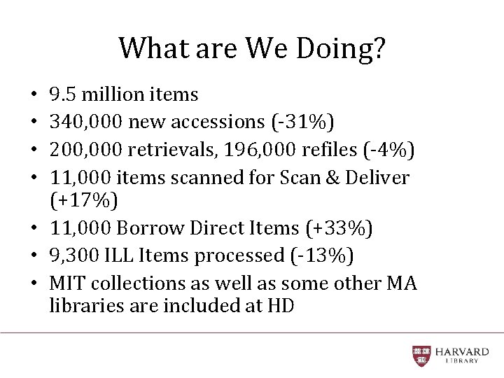 What are We Doing? 9. 5 million items 340, 000 new accessions (-31%) 200,