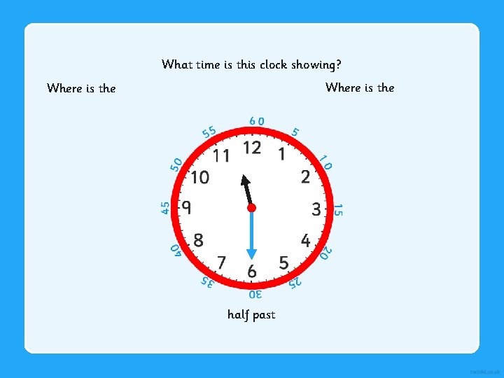 What time is this clock showing? Where is the half past 