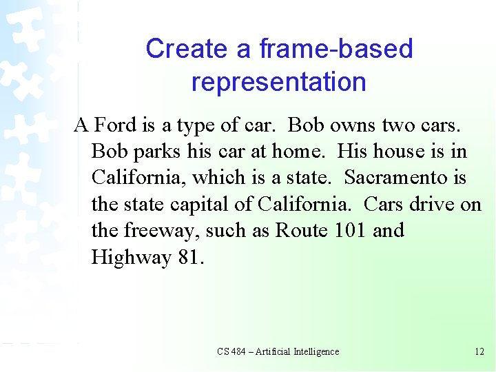 Create a frame-based representation A Ford is a type of car. Bob owns two