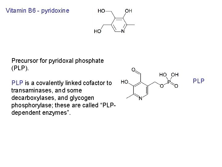 Vitamin B 6 - pyridoxine Precursor for pyridoxal phosphate (PLP). PLP is a covalently