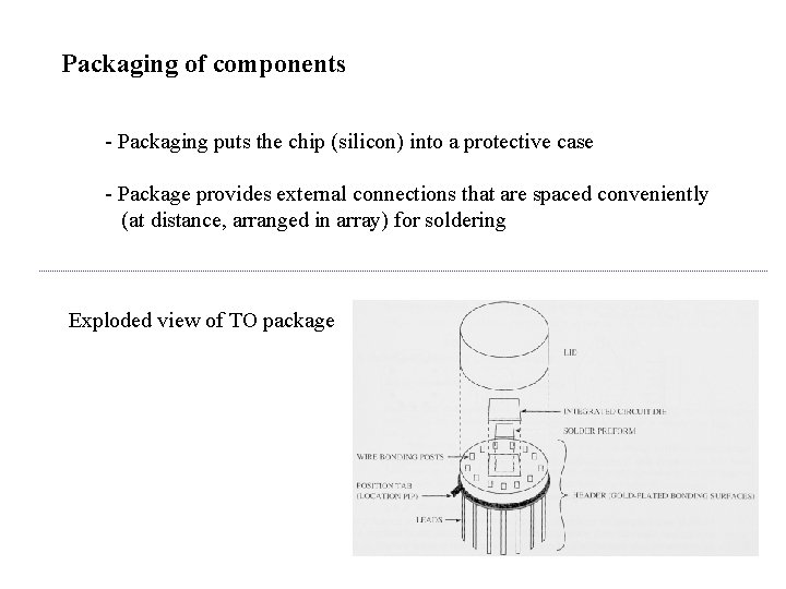 Packaging of components - Packaging puts the chip (silicon) into a protective case -