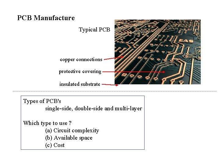 PCB Manufacture Typical PCB copper connections protective covering insulated substrate Types of PCB's single-side,