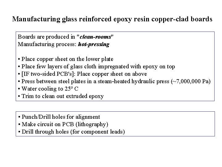 Manufacturing glass reinforced epoxy resin copper-clad boards Boards are produced in "clean-rooms" Manufacturing process: