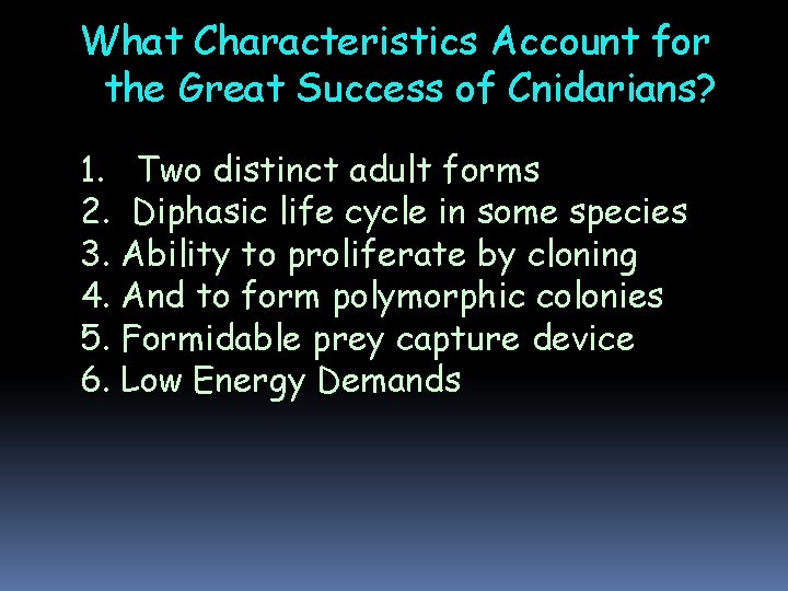 What Characteristics Account for the Great Success of Cnidarians? 1. Two distinct adult forms What Characteristics Account for the Great Success of Cnidarians? 1. Two distinct adult forms