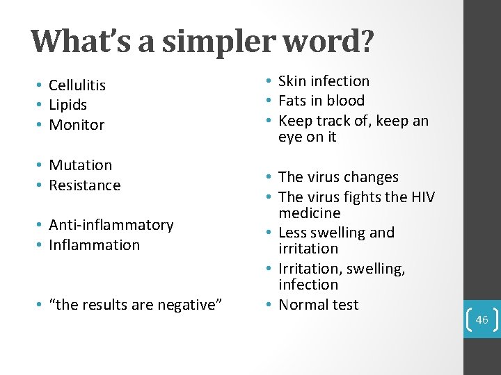 What’s a simpler word? • Cellulitis • Lipids • Monitor • Mutation • Resistance