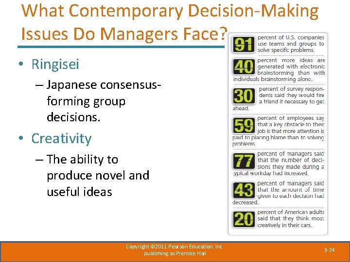 What Contemporary Decision-Making Issues Do Managers Face? • Ringisei – Japanese consensusforming group decisions.