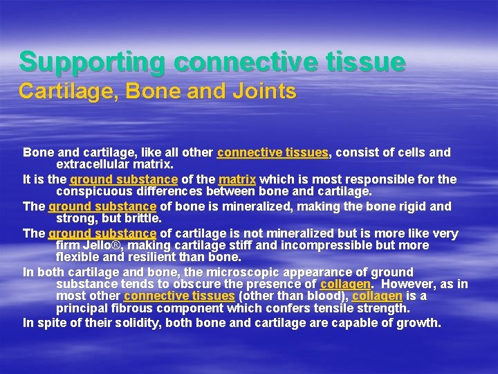 Supporting connective tissue Cartilage, Bone and Joints Bone and cartilage, like all other connective