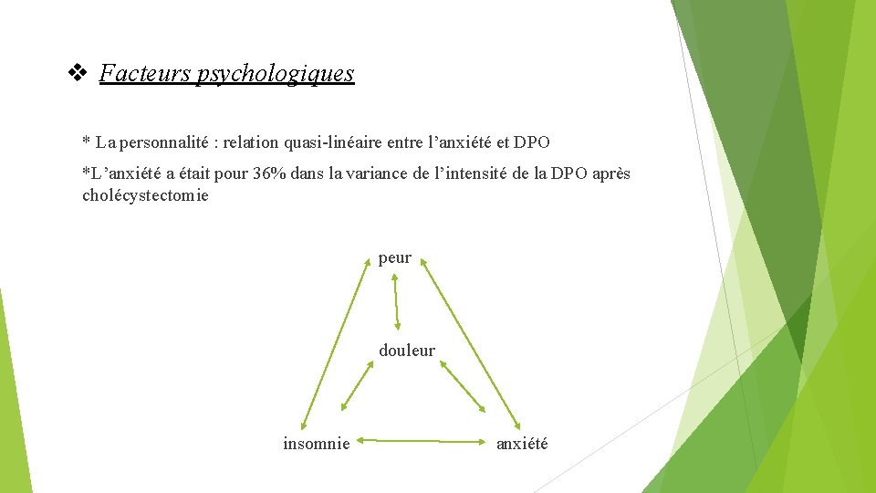 v Facteurs psychologiques * La personnalité : relation quasi-linéaire entre l’anxiété et DPO *L’anxiété
