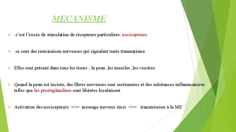 MECANISME Ø c’est l’excès de stimulation de récepteurs particuliers: nocicepteurs Ø ce sont des