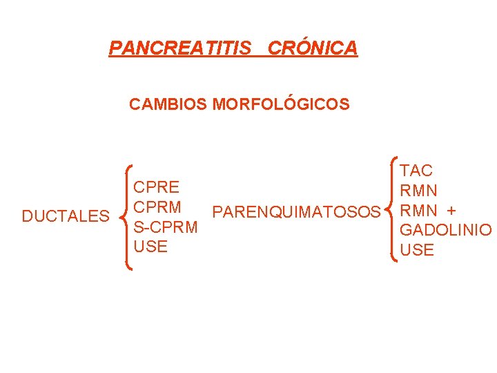 PANCREATITIS CRÓNICA CAMBIOS MORFOLÓGICOS DUCTALES CPRE CPRM PARENQUIMATOSOS S-CPRM USE TAC RMN + GADOLINIO