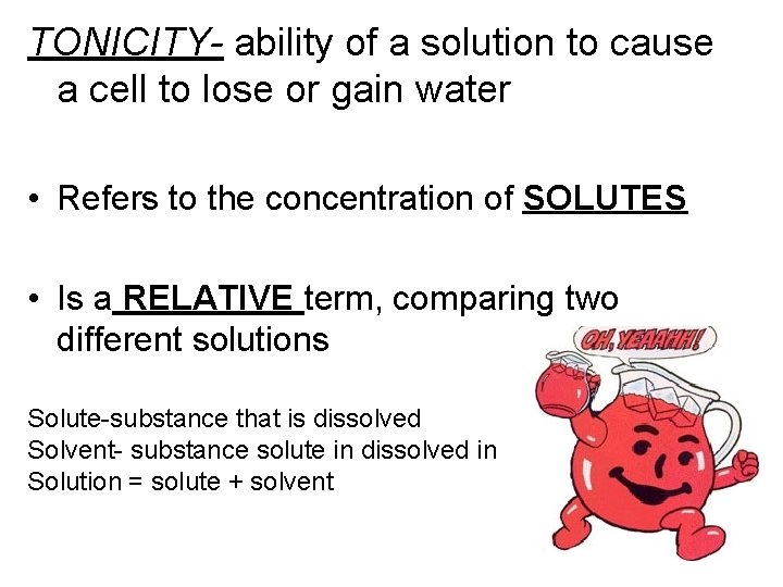 TONICITY- ability of a solution to cause a cell to lose or gain water