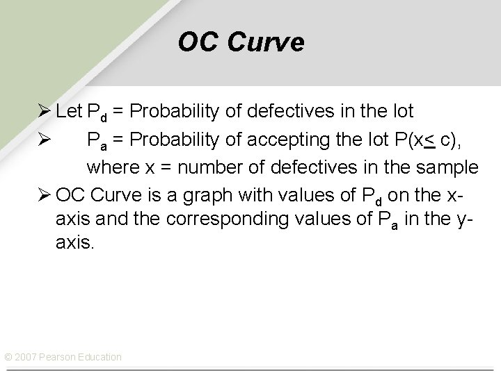 OC Curve Ø Let Pd = Probability of defectives in the lot Ø Pa