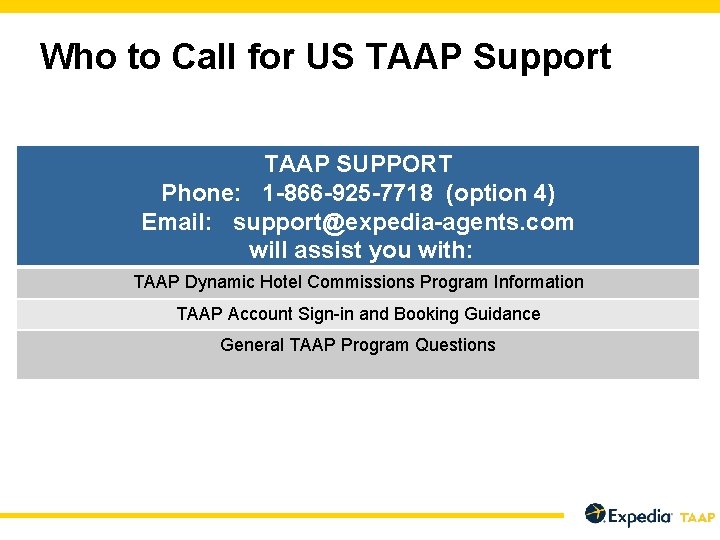 Who to Call for US TAAP Support TAAP SUPPORT Phone: 1 -866 -925 -7718